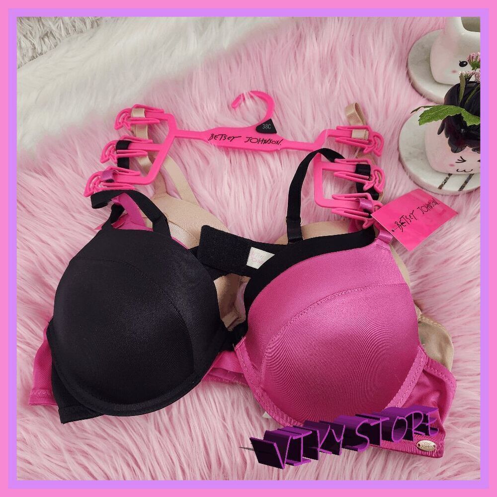 💖 NWT Betsey Johnson 3 Pck Unlined Bra 38C Black Pink Beige Chic #7226 💖